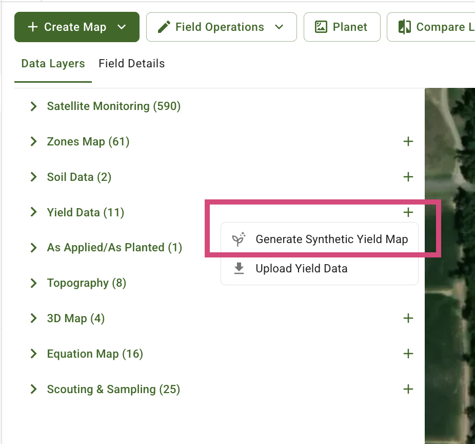 "Generate Synthetic Yield Map" option in the Yield Data section dropdown menu.
