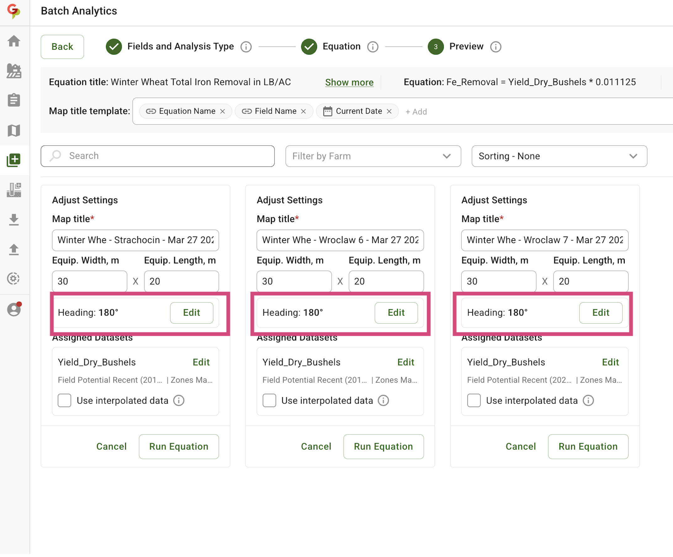 Batch Analytics preview showing "Adjust Settings" panels with the Heading control for each field.