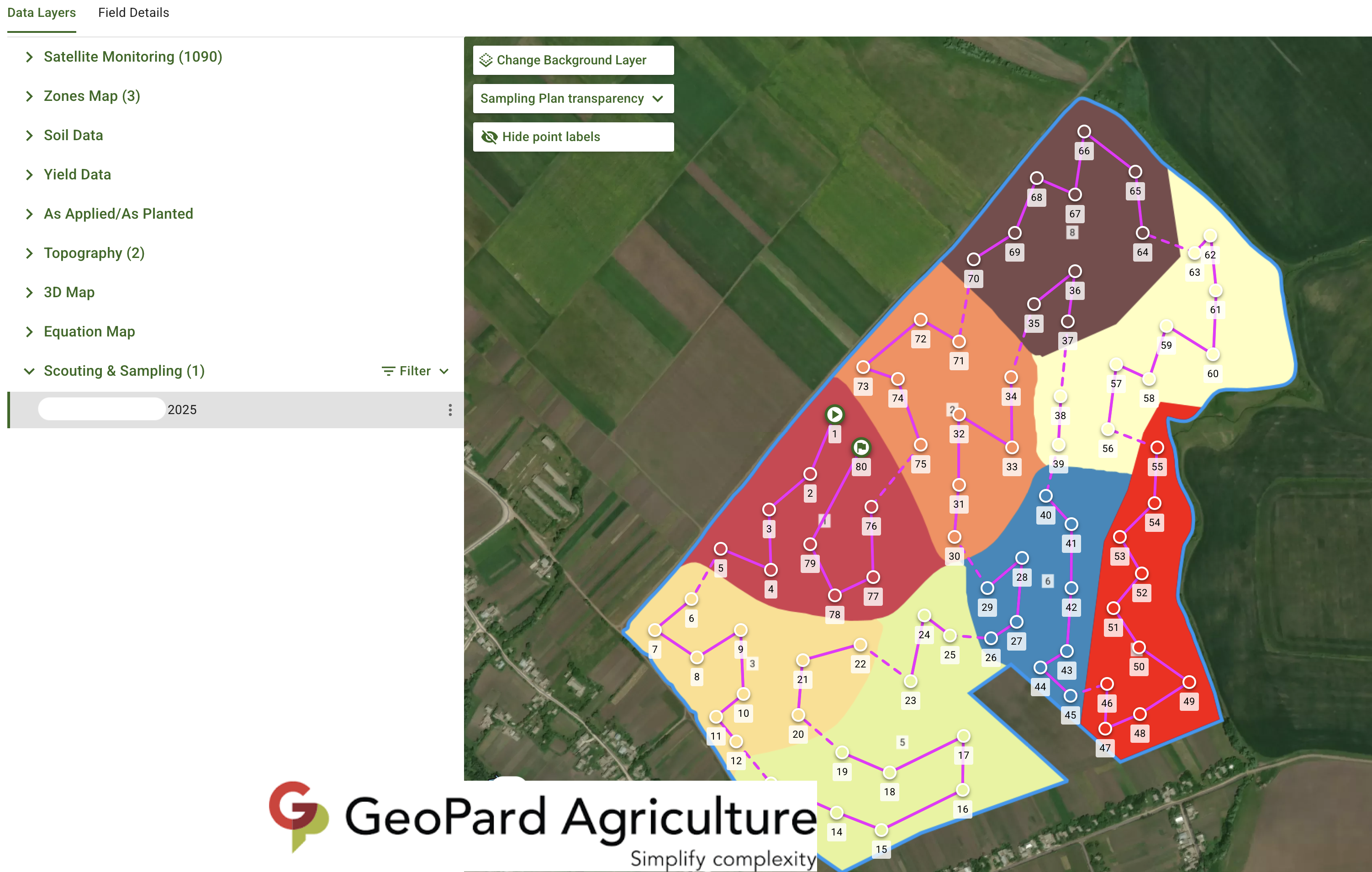 Zonal Soil Sampling, Smart optimum Path Option. GeoPard locates points according to several best practices, incl. path optimum, points distribution, buffer zones